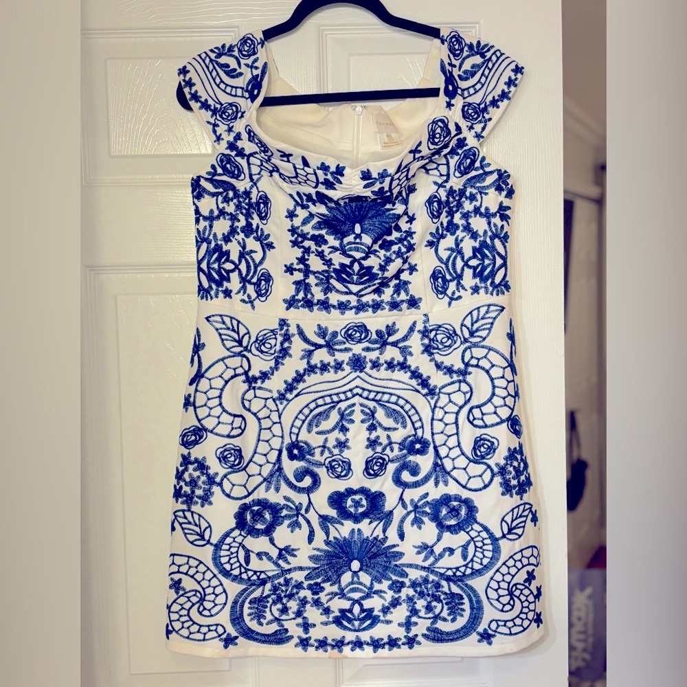 Foxtrot Blue and White Majolica print embroidered off-the-shoulder dress